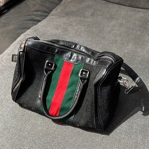 Gucci Black Leather & GG Canvas Bowling Bag with Green and Red Web